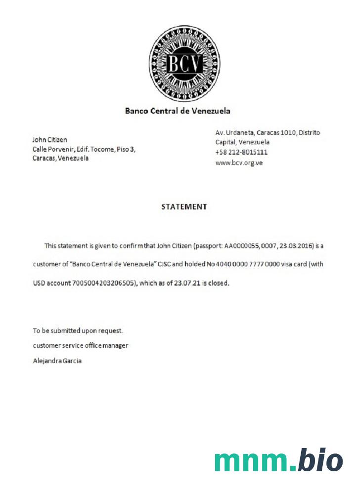 Przykład odniesienia do zamknięcia Wenezueli Banco Central de Venezuela w formatach Word i PDF